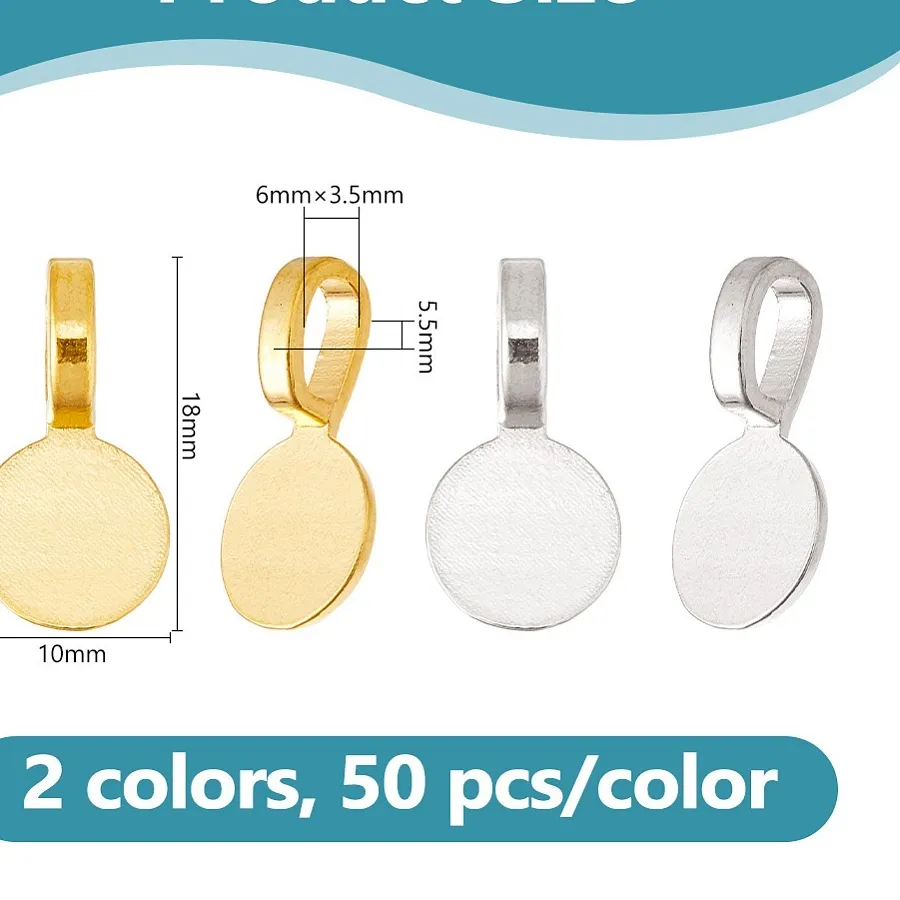 Authentic 100Pcs 2 Colors Style Glue On Flat Pad Pendant Bails Flat Round Cadmium Free Lead Free Silver Golden