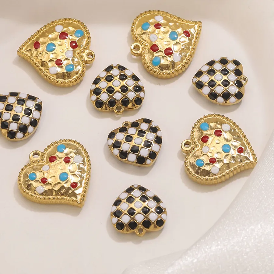 Authentic 5pcs Stainless Steel Enamel Checkerboard Heart Charms Golden Jewelry Making Accessories DIY Women's Earring Necklace Wholesale