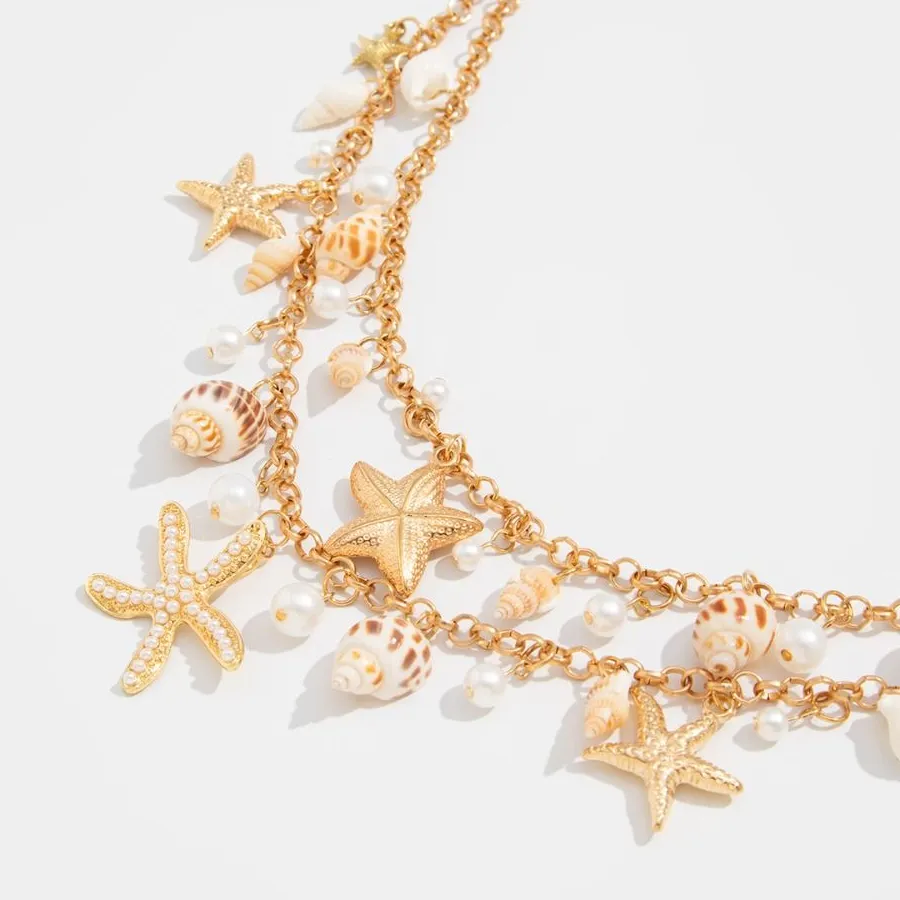 Authentic Bohemian Shell Starfish Waist Chain Imitation Pearl Sexy Women's Necklace Golden Irregular Beach Shell Waistband Girls