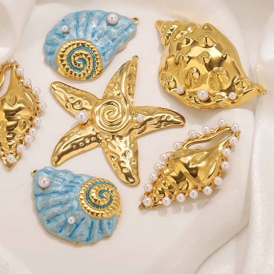 Authentic 1pcs Large Conch Starfish Shell Enamel Imitation Pearl Golden Charms Jewelry Making Materials for DIY Women Earrings Accessories