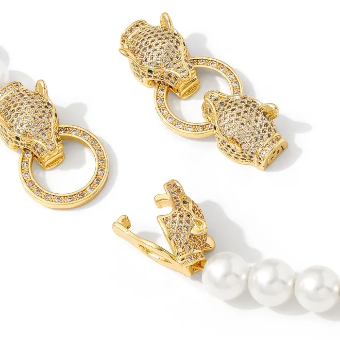 Authentic 18K Gold Plated Inlaid Zircon Leopard Head Pearl Clasps Fasteners,Lock For Jewelry,DIY Bracelet Necklace Making Supplies