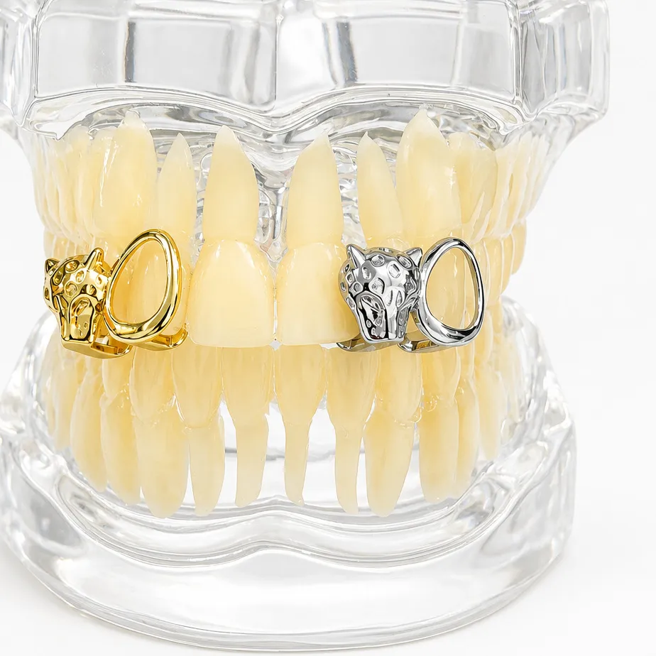 Authentic RACHELZ Vintage Leopard Shape Teeth Grillz Hip Hop Double Hollow Tooth Caps For Women Men Jewelry Wearable Dental Grills