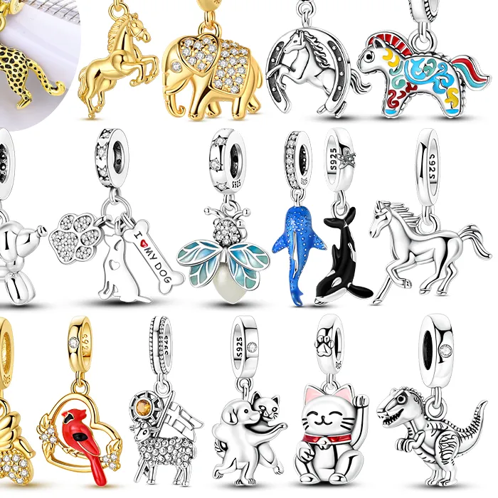 Authentic Charms Silver 925 Animal Pendant Beaded Cat Dog Leopard Pony Charms Fit Bracelet Bangle Necklace Diy Jewelry Making