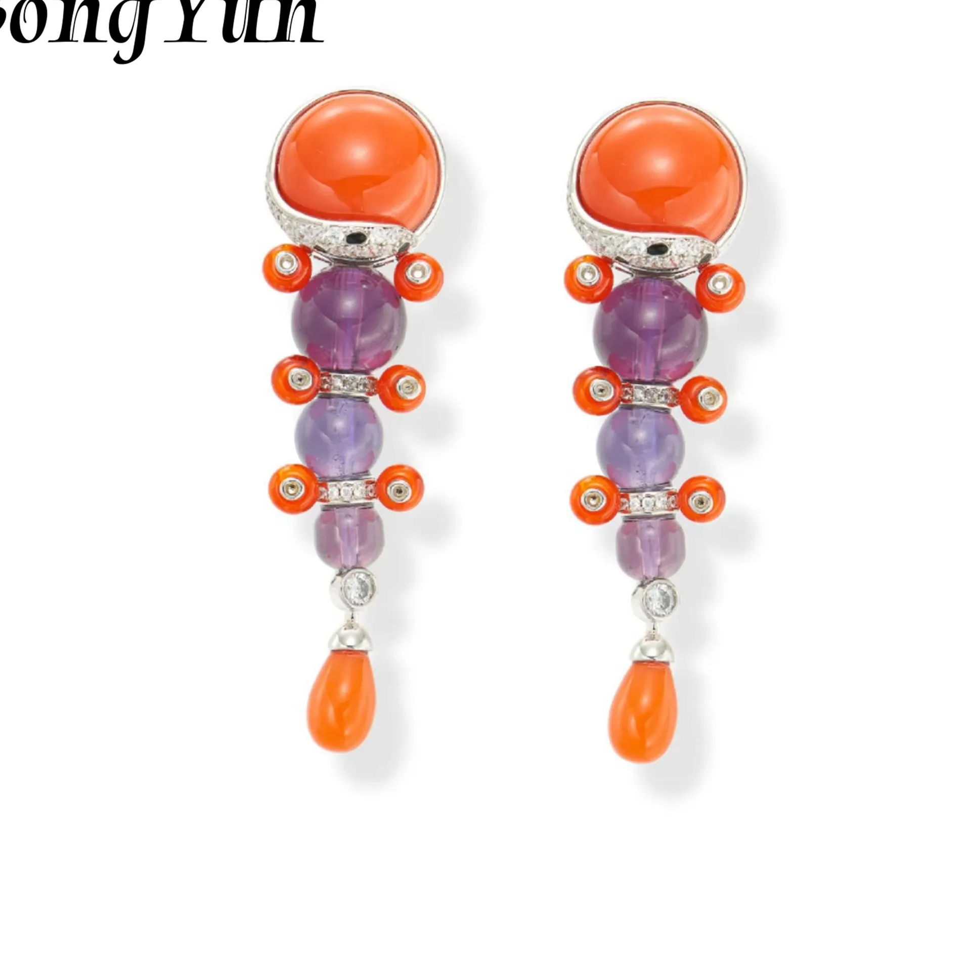 Authentic SY Luxury Jewelry Natural Crystal Amethyst Stud Earrings 925 Sterling Silver Cheetah Leopard Drop Earrings For Women Fine Jewel