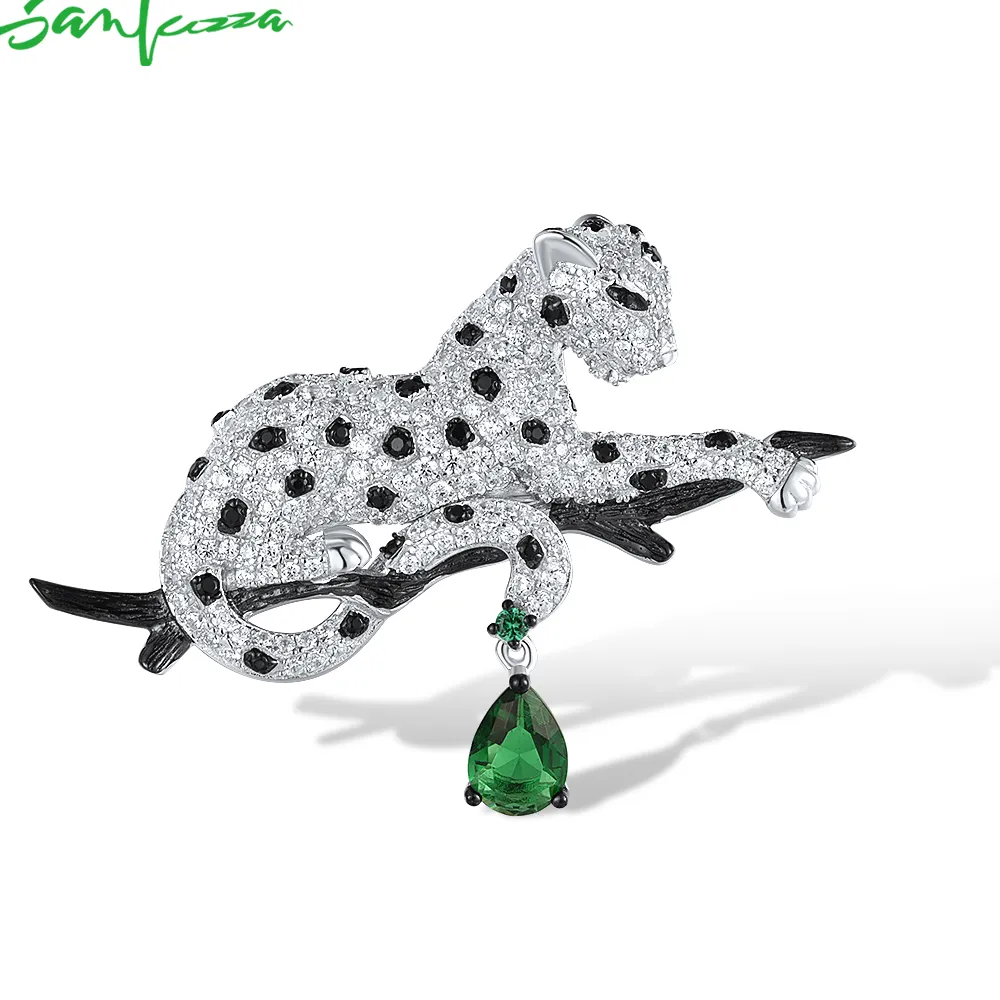 Authentic Santuzza Authentic 925 Silver Brooch Shiny White Black Leopard Wild Animal Daily Wearring Dlicate Fine Jewelry