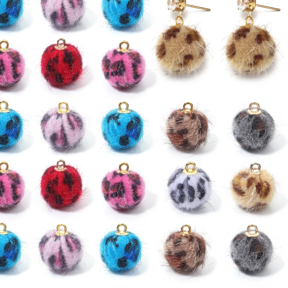 Authentic 20Pcs/Lot Plush Fur Covered Leopard Print Ball Beads Pendant For DIY Pompom Pendant Necklace Earrings Jewelry Making Finding