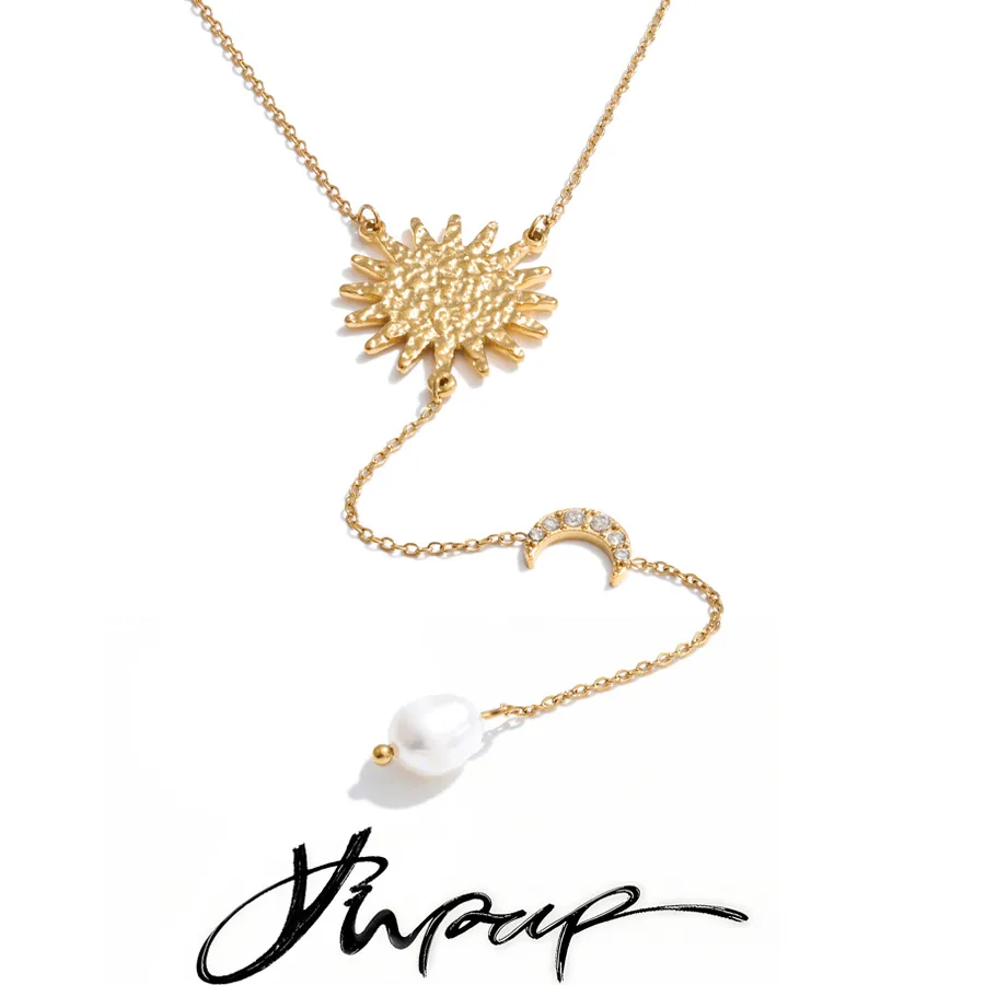 Authentic Yhpup Sun Moon Natural Pearl Chain Drop Necklace 16K Gold Platinum Color PVD Plated Popular Jewelry