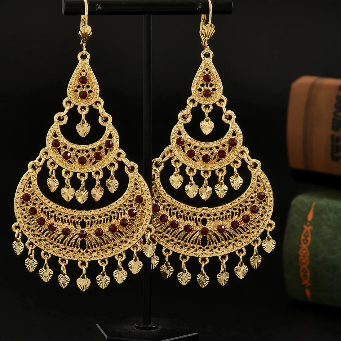 Authentic Vintage Boho 24K Gold Plated Heart Tassel Earrings Hollow Moon Design Long Earrings Arabic Bride Copper Jewelry Ramadan Gifts