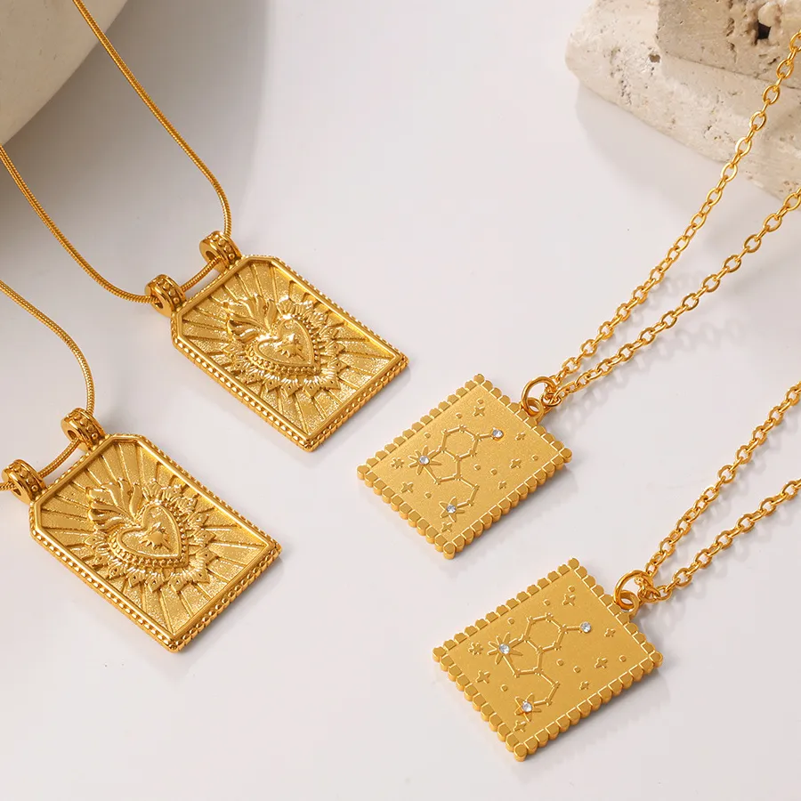 Authentic Yori Stylish Simple Heart-shaped Star Moon Square Pendant Necklace for Women Stainless Steel Gold Plated Anti Rust Jewelry