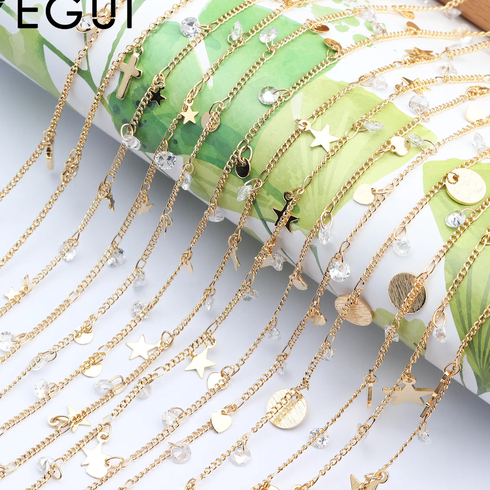 Authentic YEGUI C67,jewelry accessories,diy chain,18k gold plated,0.3 microns,zircon,moon heart,diy chain necklace,jewelry making,1m/lot