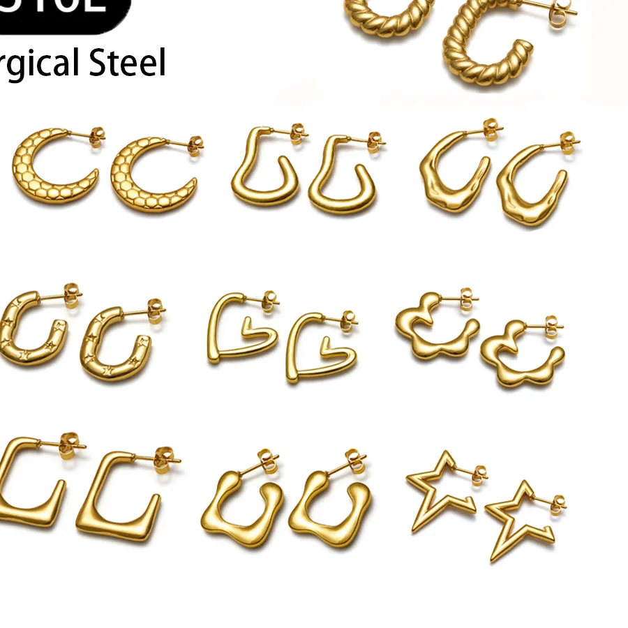 Authentic 316L Surgical Steel Gold Plated Earrings Hypoallergenic Star Moon Heart Stud Earrings for Women Jewelry Making DIY Findings