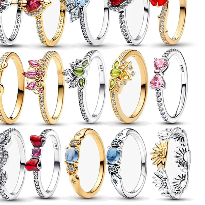 Authentic Ring Set 925 Sterling Silver Gold Plated Colorful Crystal Zircon Princess Tiara Heart Sun Moon Flower Rings Women Jewelry Gift
