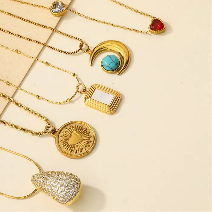 Authentic Luxury Sparkly Teardrop Necklace Gold Plated Heart Sun Moon Turquoise Pendant Fashion Necklaces for Women Aesthetic Jewelry Gift