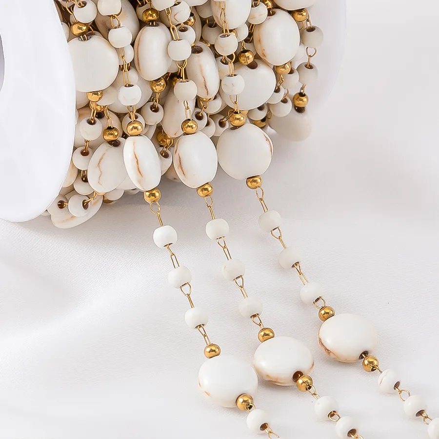 Authentic 0.5Meter 1M Boho Steels Beach White Flat Round Natural Stone Chain Bracelet Neckalce Supply Jewelry Making Accessories