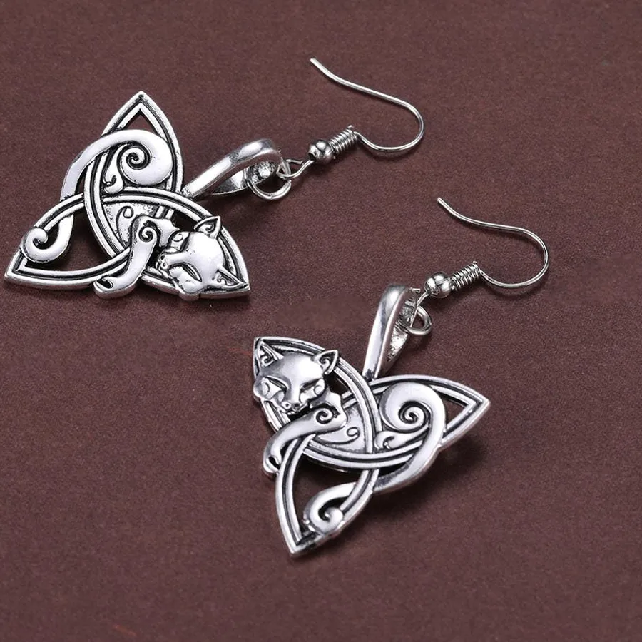Authentic Dawapara Fox Triquetra Fenrir Animal Pendant Drop Earring Men Fashion Jewelry Supernatural Amulet Knot earring