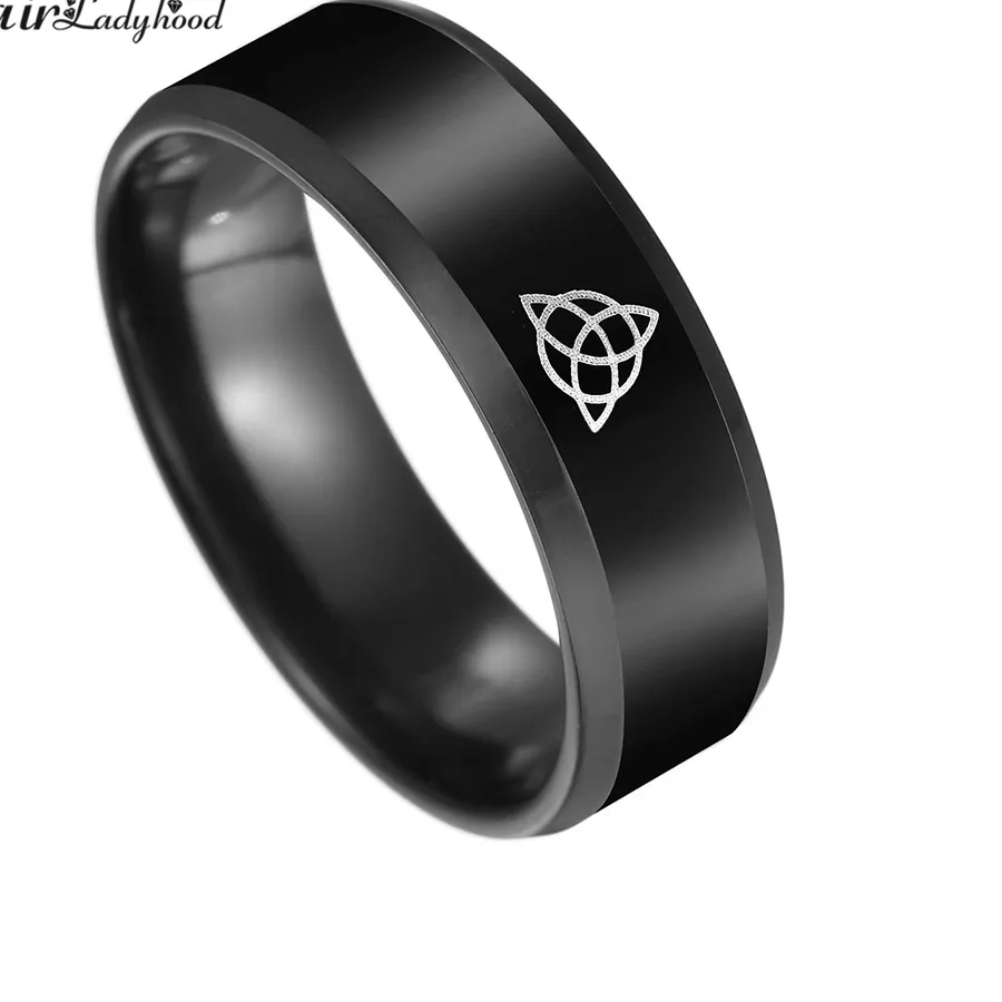 Authentic FairLadyHood 8mm Black Color Celtics Knot Magic Ring Stainless Steel Fenrir Irish Knot Signet Vikings Amulet Ring For Men Rings