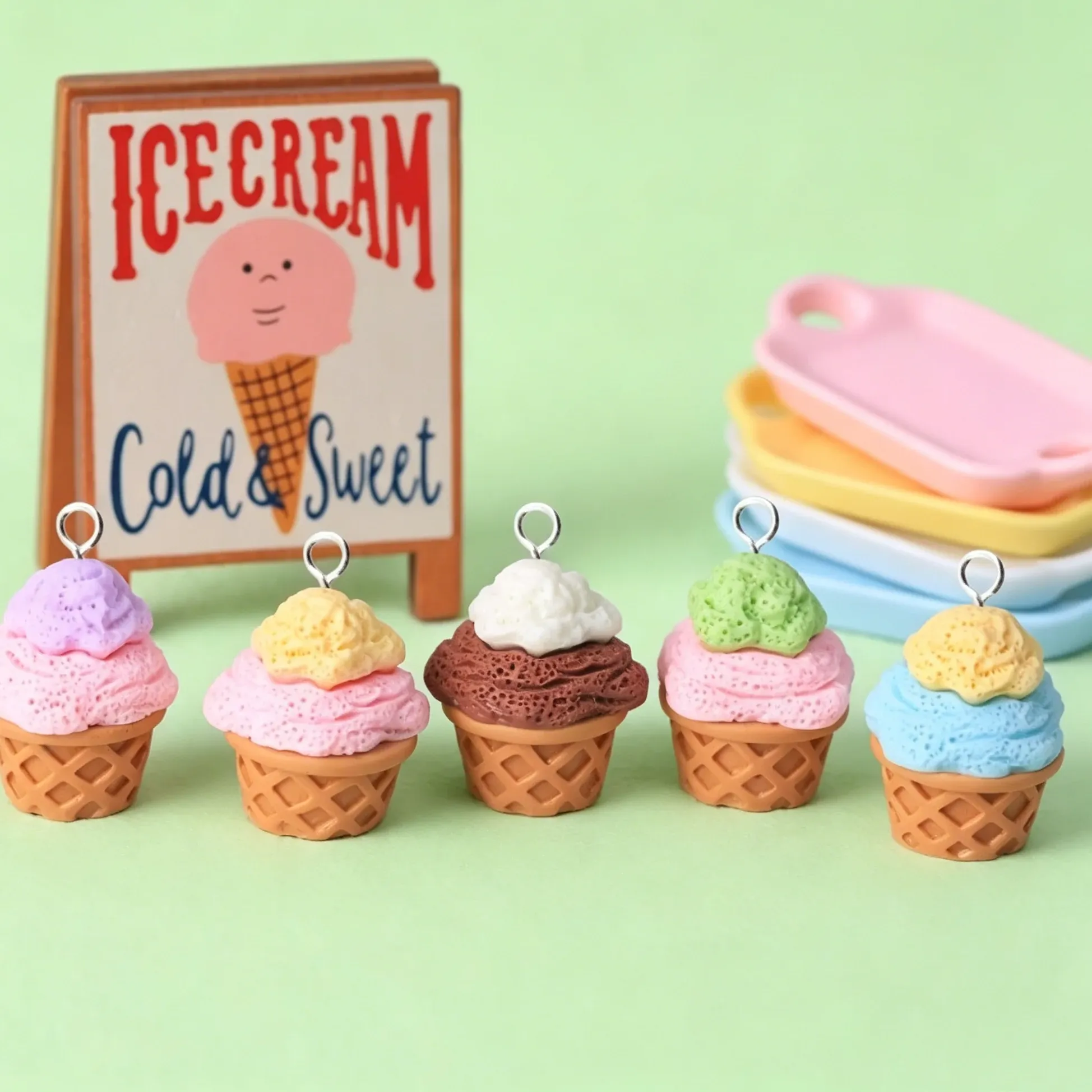 Authentic 10Pcs Cute 3D Ice Cream Cone Resin Charms Kawaii Dessert Pendants For DIY Keychain Jewelry Making Supplies
