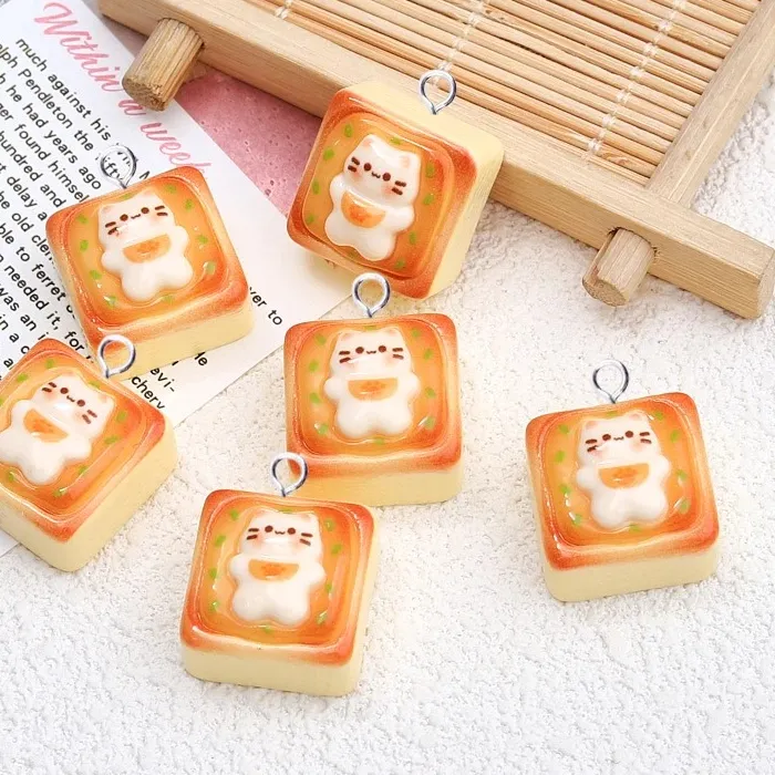 Authentic 10Pcs Kawaii Cat Toast Bread Resin Charms Lovely Animal Flatback Pendants DIY Craft Findings for Keychain Jewelry Making