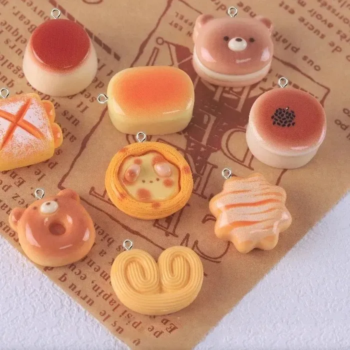 Authentic 10Pcs Cute Bear Pudding Tart Bread Food Resin Charms Simulation Snack Pendants DIY Jewelry Supplies