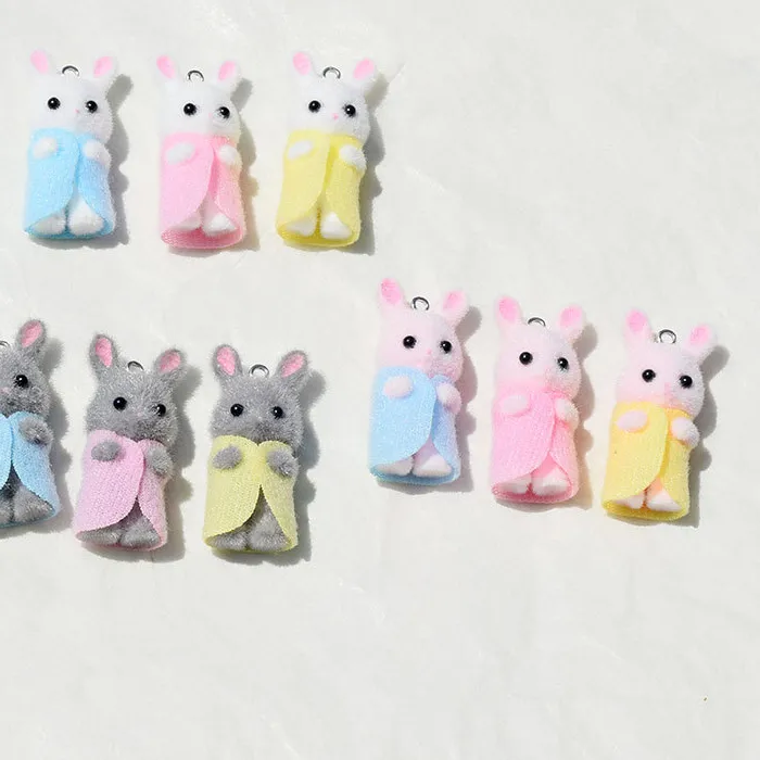 Authentic 3Pcs 3D Flocking Resin Rabbit Charms Animal Plush Dolls Pendant for Earring Keychain Making DIY Jewelry Accessories Adornment