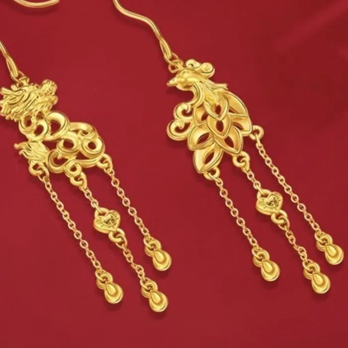 Authentic Chinese Dragon Phoenix Earrings Sand Gold Gold Plated with Tassel Hooks Chinese Style Wedding Jewelry for Bride Luxury