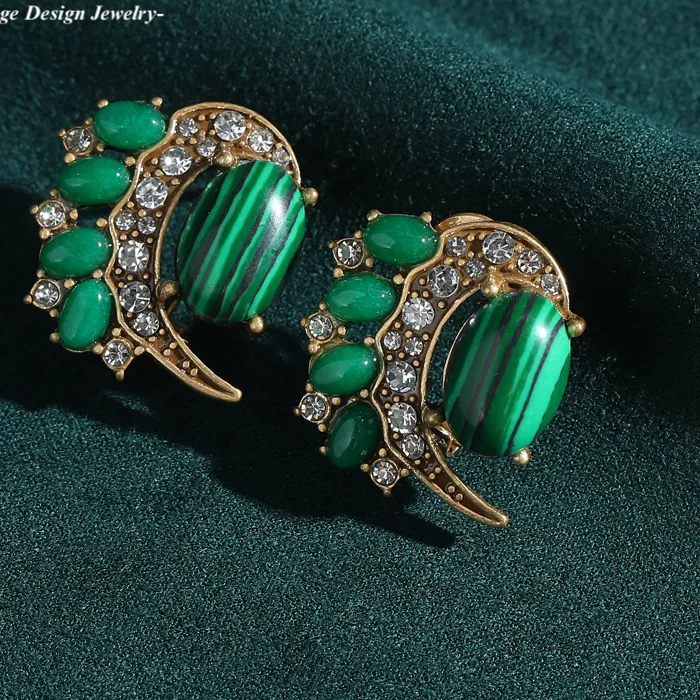 Authentic Antique Gold Plated Phoenix Tail Inlay Earrings Vintage Natural Malachite Stone Jewelry Chinese Tradition Style Wedding Art Deco