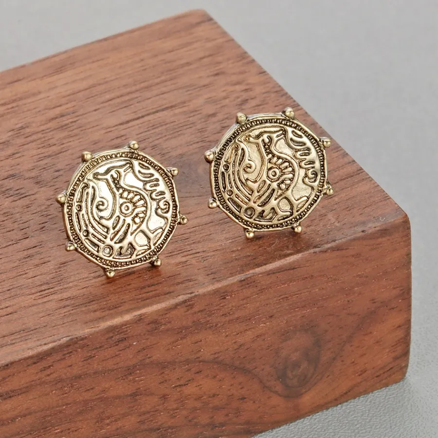 Authentic Chandler Phoenix Chick Bird Earrings Pagan Viking Jewelry Antique Gold Plated Stud Earrings Men's Nostalgic Jewelry