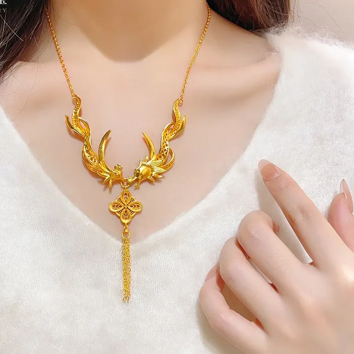 Authentic 18K Gold-plated Filamentary Dragon and Phoenix Tassel Pendant Necklace Wedding Imitation Three Gold Clavicle Chain Female Gifts