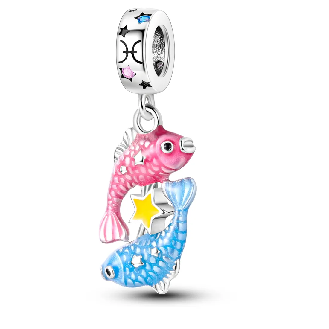 Authentic 925 Sterling Silver Pisces Zodiac Charms Pink Blue Enamel Cz Star Dangle Beads Fit Bracelets Necklace Diy Jewelry