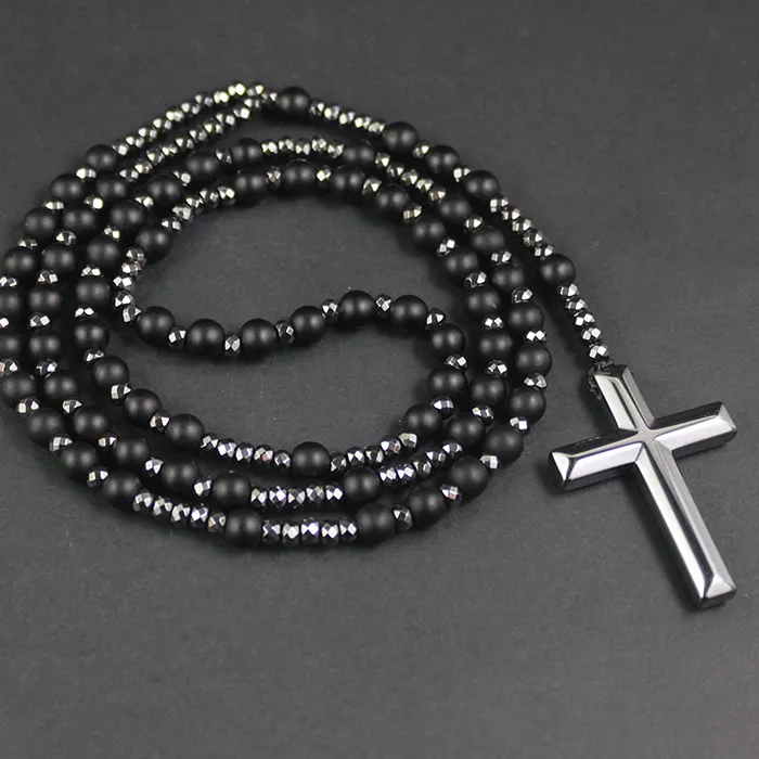 Authentic 6mm Natural Stone Black Obsidian Tiger-eye Lapis Lazuli Round Beads Long Necklace with Cross Pendant for Men and Women