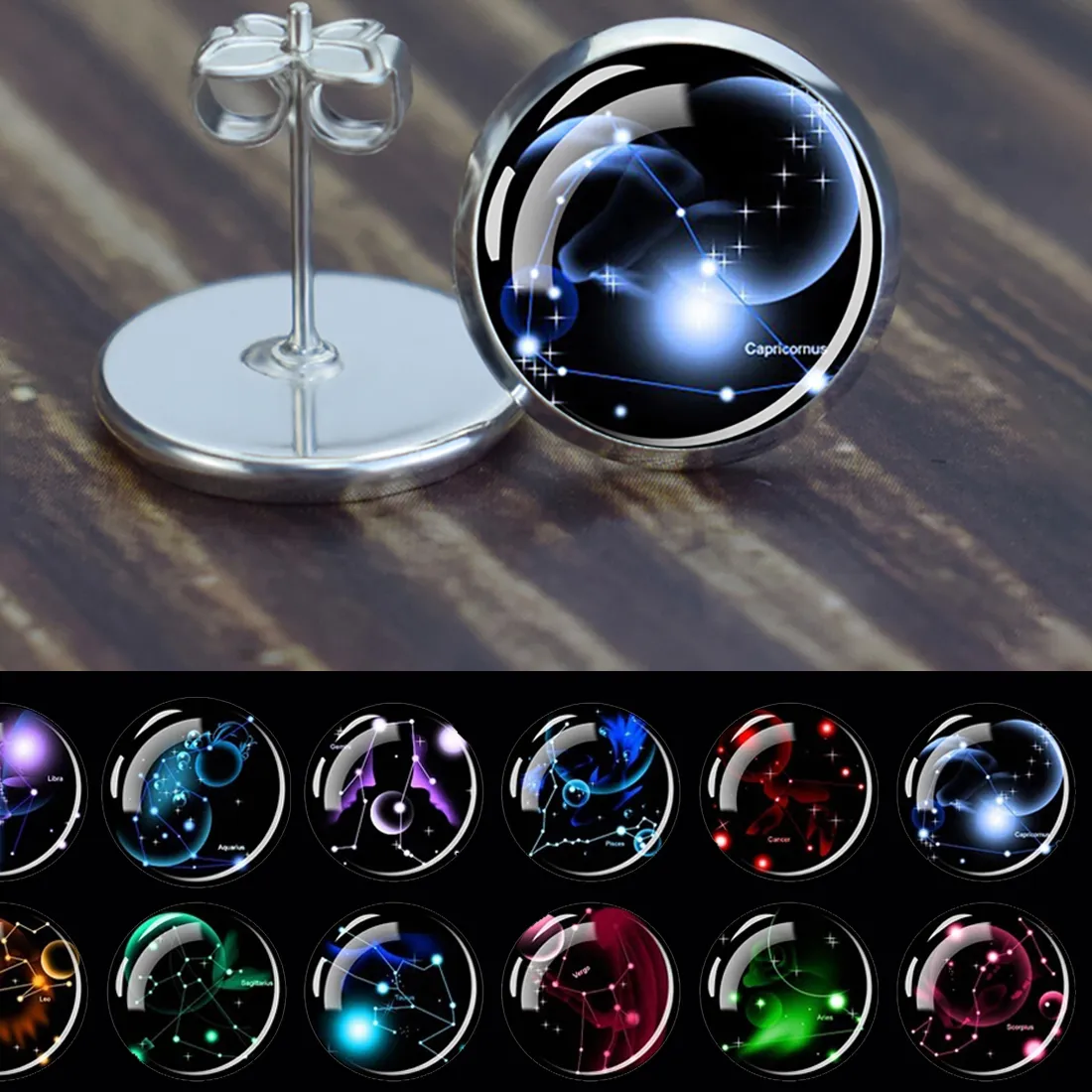 Authentic 12 Constellations Glass Ear Studs Earrings - Aries Taurus Cancer Zodiac Themed Jewelry