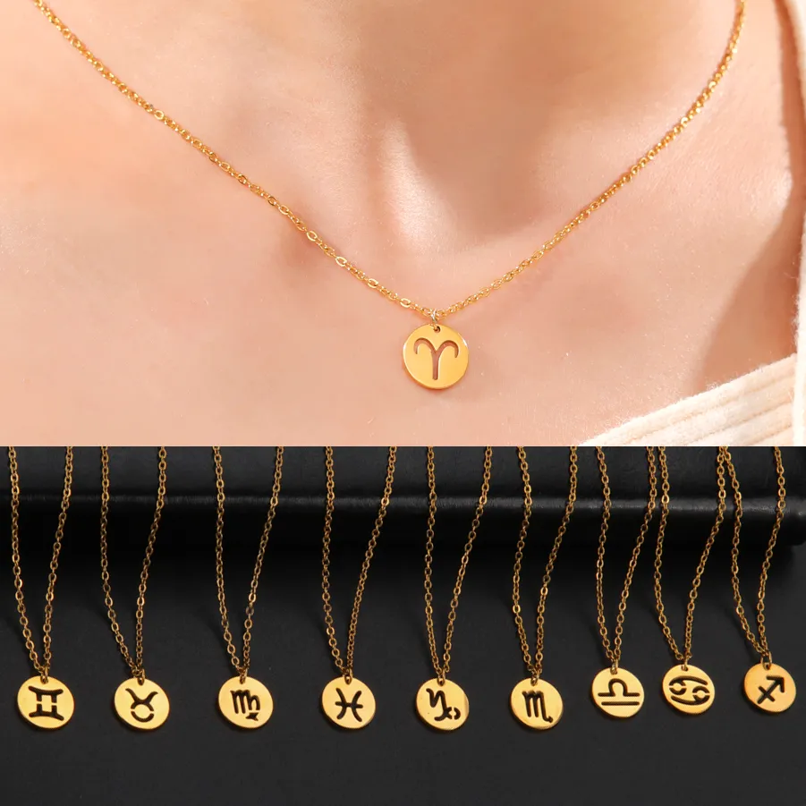 Authentic Unift Pisces Aries Taurus Constellations Coin Necklace Zodiac Sign Pendant Necklace Choker Jewelry Friend Bff