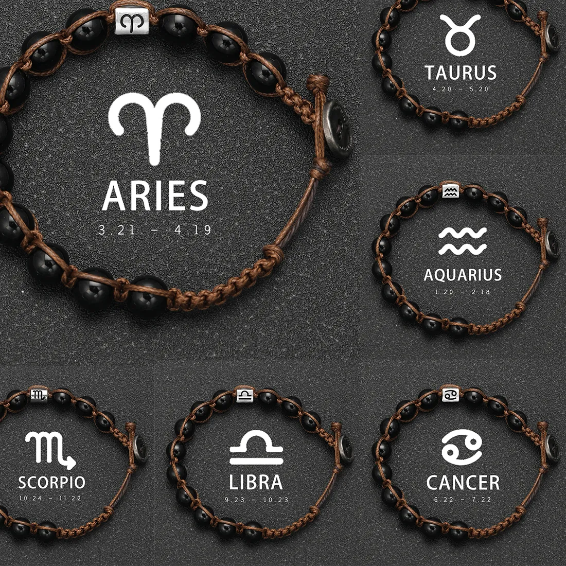 Authentic 12 Zodiac Natural Stone Obsidian Hand-Woven Bracelets Cancer Pisces Men's Bracelets Couples Friendship Jewelry Pulseras Hombre