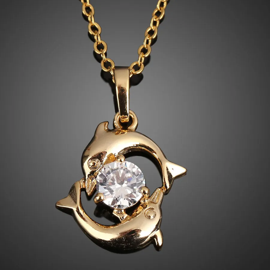 Authentic Necklaces Romantic Couples Jewelry Crystal Inlay Gold Color Pisces Dolphin Pendant Chain Casual Necklace