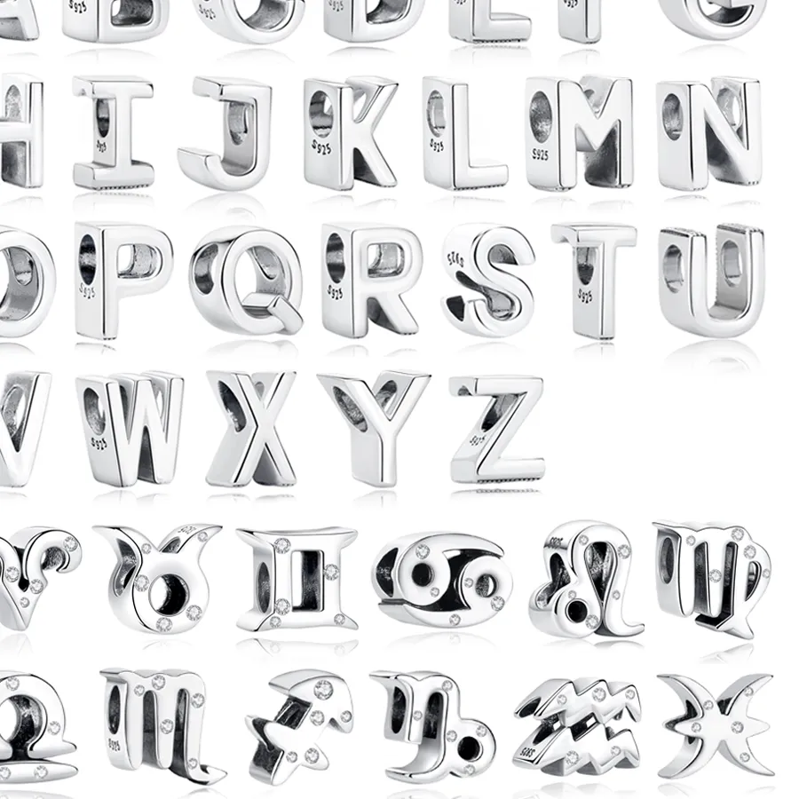 Authentic Original 925 Sterling Silver Charms Beads 12 Zodiac A-Z Letters Virgo Aries Fit Brand Bracelets Necklaces Jewelry For Women