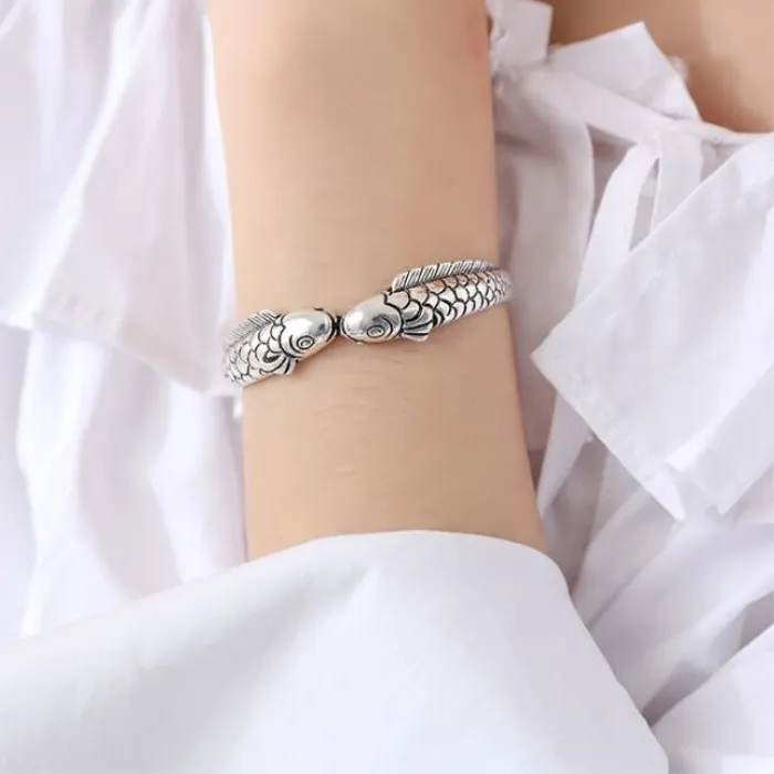 Authentic New Exquisite Cute Fish 925 Sterling Silver Jewelry Bracelets Pisces Double Fish Ethnic Style Retro Bangles  SL006