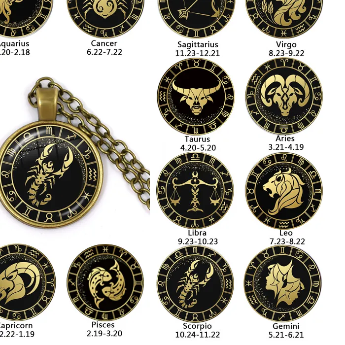 Authentic 12 Constellation Scorpio Sagittarius Capricorn Aquarius Pendant Antique Bronze Necklace Glass Dome Zodiac Jewelry For