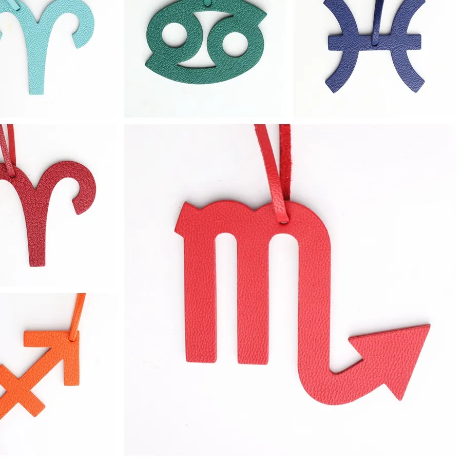Authentic Fashion Real Natural Leather 12 Zodiac Sign Aries Pisces Scorpio Cancer Constellation  Keychain Pendant Women Backpack Bag Charm
