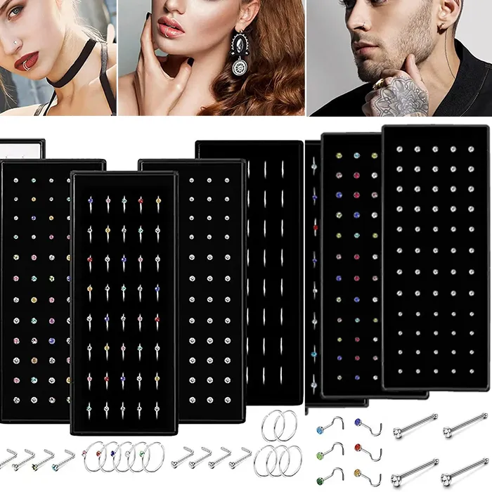 Authentic 40/60PC Stainless Steel Straight L Nose Stud for Women Nose Ring Set 1.8MM Fashion Crystal Aro Nariz Nase Pircing Body Jewelry