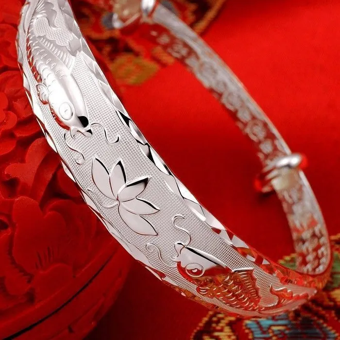 Authentic New fashion brands 999 Sterling silver Pisces play lotus bracelets Bangle for women classic party wedding jewelry Christmas gift