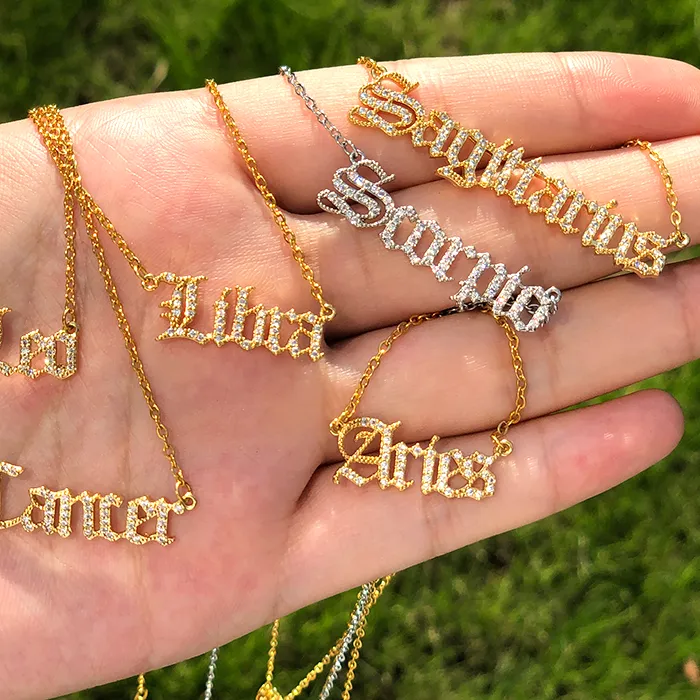 Authentic Zircon Letter Constellation Necklace For Women Stainless Steel Girl 12 Zodiac Necklaces Choker Alphabet Jewelry Bijoux Femme BFF