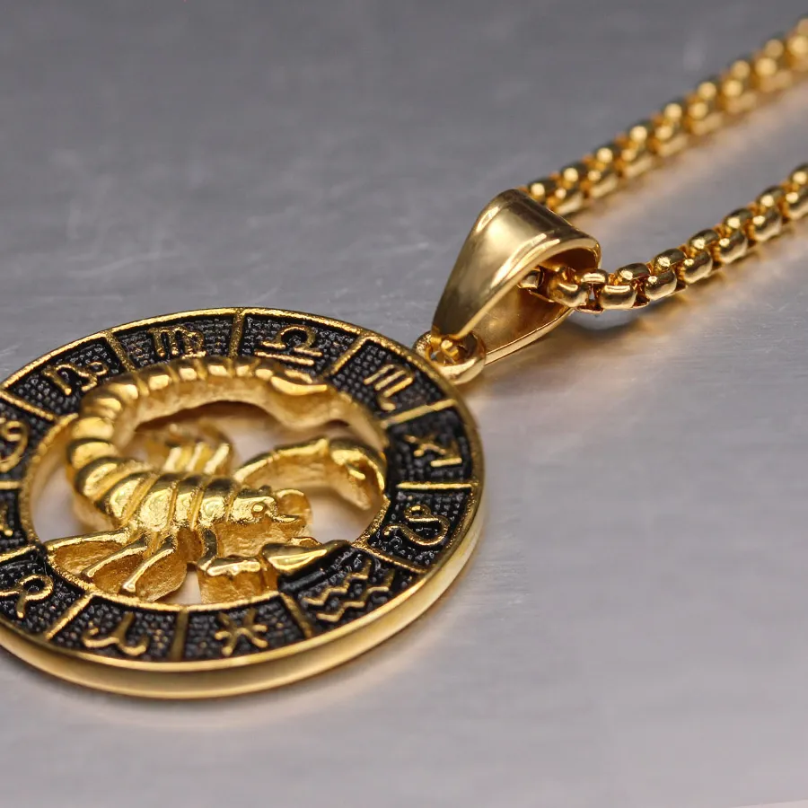 Authentic Zodiac Sign Leo Scorpio Pendant Necklace for Women/Men Gold Color Stainless Steel Round 12 Constellation Necklaces Dropshipping