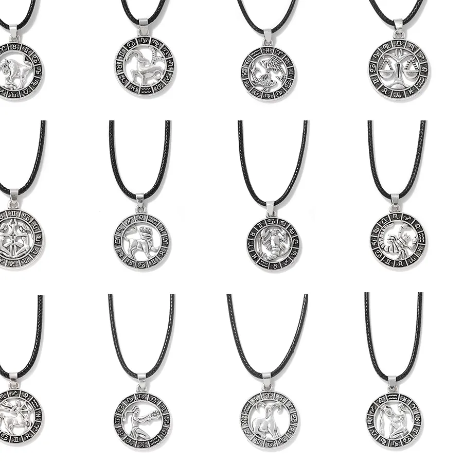 Authentic Vintage 12 Zodiac Sign Pendant Necklace Constellation Aries Leo Aquarius Pisces Charm Rope Chain Choker For Women Men Jewelry