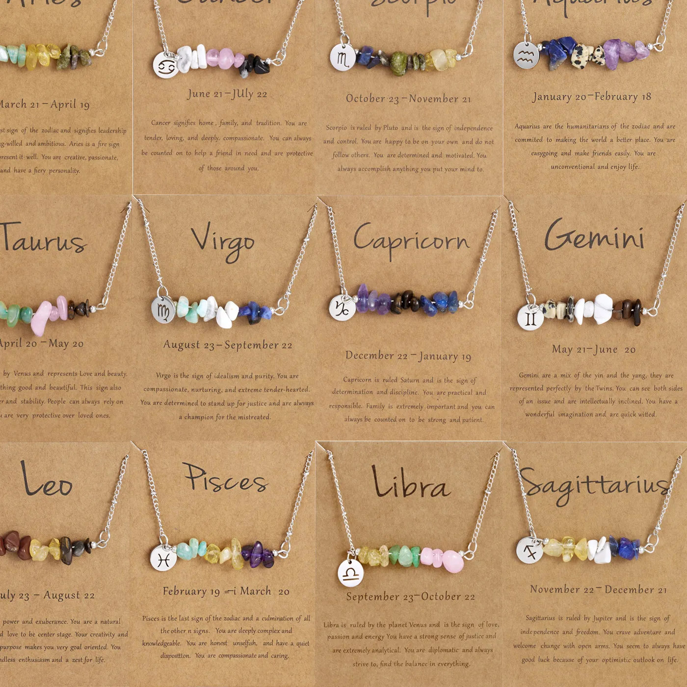 Authentic 12 Constellation Natural Stone Zodiac Sign Pendant Necklace Crushed Stone Necklace Jewelry