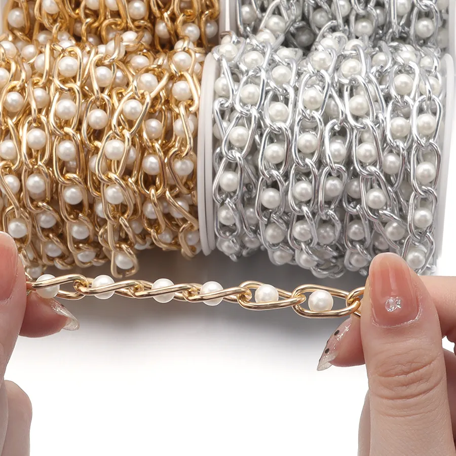 Authentic 5Yards/Roll Beaded Chain Imitation Pearls Chain Aluminum Beads Interval Chain for DIY Jewelry Making Bracelet Necklace Accessory