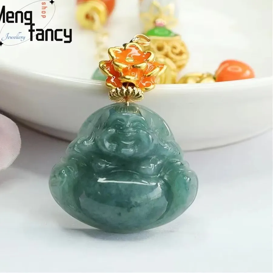Authentic Natural Jadeite Blue Water Maitreya Buddha Jade Pendant Buddhist Amulet Exquisite High-grade Luxury Quality Fine Jewelry