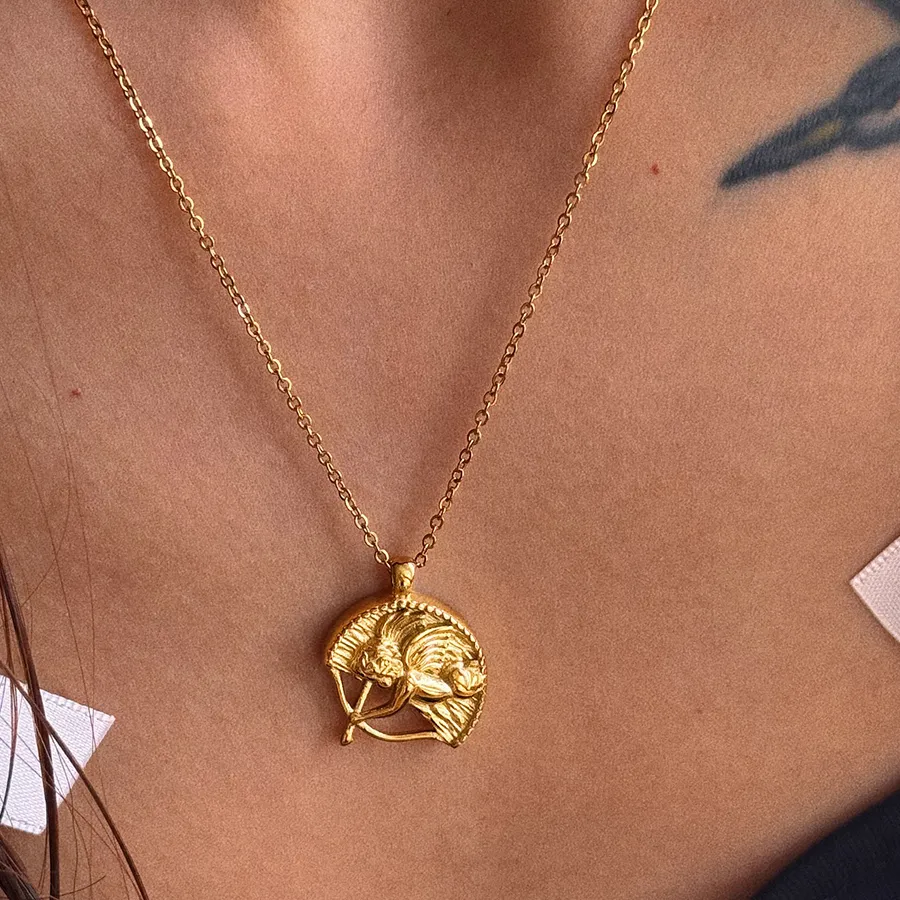 Authentic 18k Gold Plated Tarnish Free Stainless Steel Boho Angel Cupid Round Pendant Necklace for Women Chains Choker Waterproof Jewelry