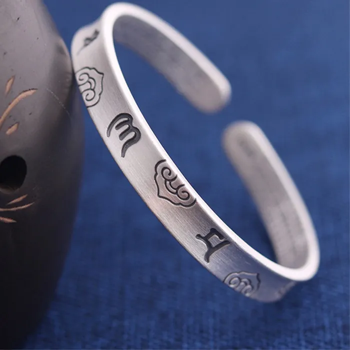 Authentic Mantra of Compassion: Sterling Silver Om Mani Padme Hum Amulet Bangle