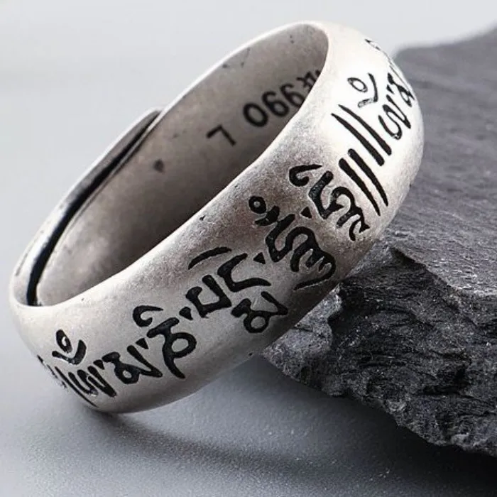 Authentic S990 Sterling Silver Rings Tibet Buddha Six Character Mantra Retro Matte Pure Argentum Men's Women's Hand Jewelry Amulet