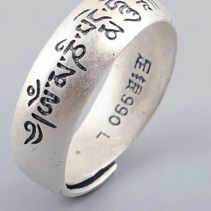 Authentic S990 Sterling Silver Rings Tibet Buddha Six Character Mantra Retro Matte Pure Argentum Men's Women's Hand Jewelry Amulet